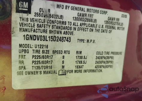 2005 Chevrolet Uplander z USA, uszkodzony, nr VIN 1GNDV03L15D248743